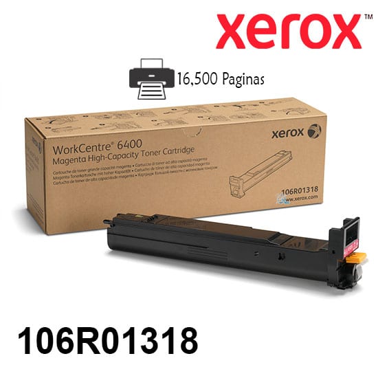 Toner Xerox 106R01318 Color Magenta Para Impresora Xerox Workcentre 6400 Rendimiento 16,500 Paginas de impresion.