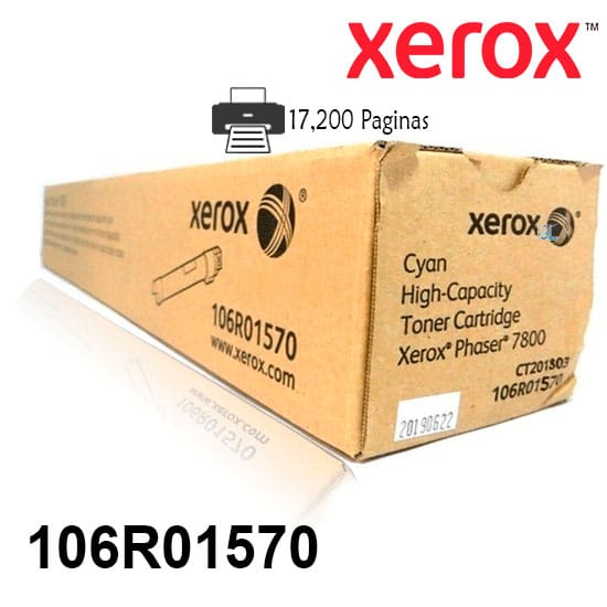 Toner Xerox 106R01570 Color Cyan Para Impresora Xerox Phaser 7800 Rendimiento 17,200 Paginas de impresion.