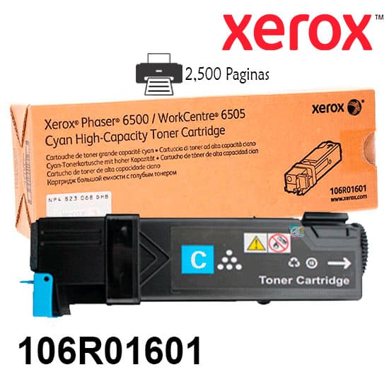 Toner Xerox 106R01601 Color Cyan Para Impresora Xerox Phaser 6500 Workcentre 6505 Rendimiento 2,500 Paginas de impresion.