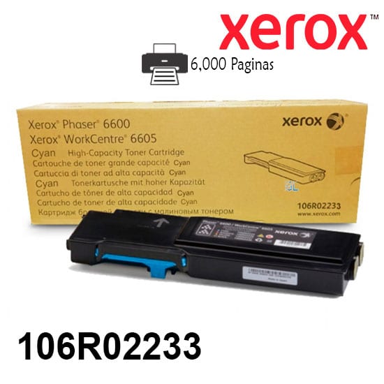 Toner Xerox 106R02233 Color Cyan Alta Capacidad Para Impresora Xerox Phaser 6600 Workcentre 6605 Rendimiento 6000 Paginas de impresion.