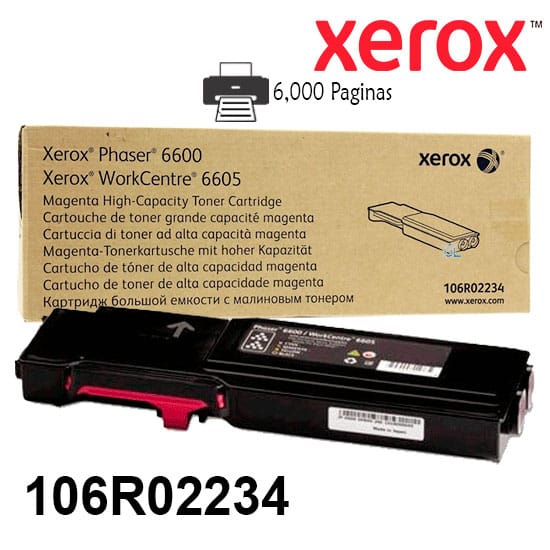 Toner Xerox 106R02234 Color Magenta Alta Capacidad Para Impresora Xerox Phaser 6600 Workcentre 6605 Rendimiento 6000 Paginas de impresion.