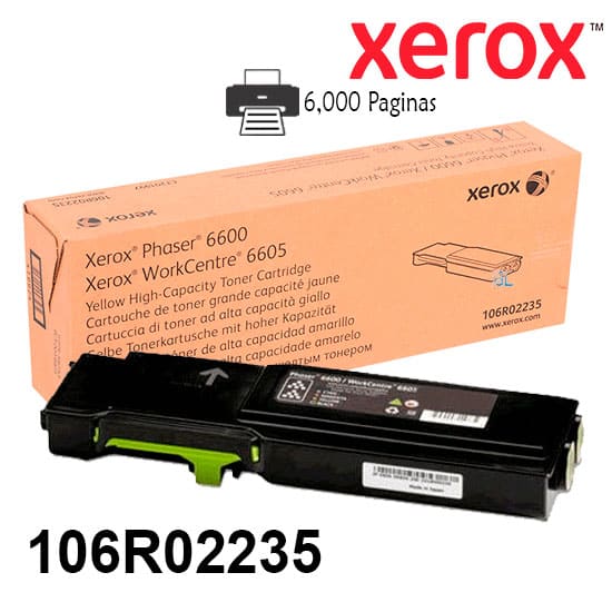 Toner Xerox 106R02235 Color Yellow Alta Capacidad Para Impresora Xerox Phaser 6600. Workcentre 6605 Rendimiento 6000 Paginas de impresion.