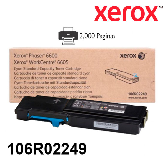 Toner Xerox 106R02249 Color Cyan Para Impresora Xerox Phaser 6600 Workcentre 6605 Rendimiento 2000 Paginas de impresion.