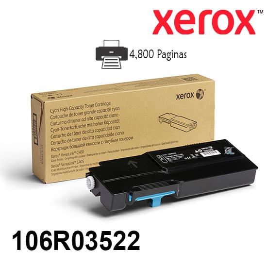 Toner Xerox 106R03522 Color Cyan Para Impresora Xerox Versalink C400/C405 Rendimiento 4800 Paginas de impresion.