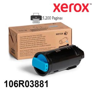 Toner Xerox 106R03881 Color Cyan Alta Calidad Para Impresora Xerox Versalink C500/C505 Rendimiento 5200 Paginas de impresion.